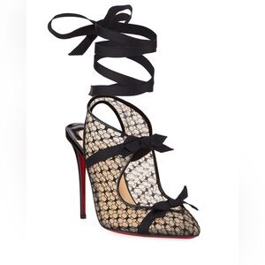 CHRISTIAN LOUBOUTIN Directoire Mesh Fishnet Patent Bows Size 36.5 Black